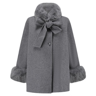 SHRO ENRO2025年冬季新款蝴蝶结时尚可拆卸毛领大衣廓形外套