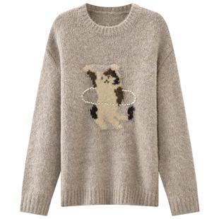 库恩玛维古着感猫咪提花毛衣女2025年冬新款治愈感拉满软糯针织衫