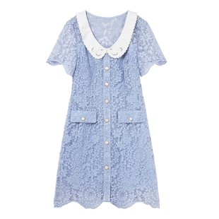 MISSCOCOON玛格丽特花型蕾丝连衣裙绣花娃娃领蓝色裙子春夏