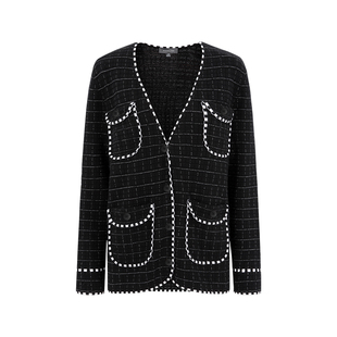 MARYLING玛俪琳秋季新品黑白方格多口袋羊毛针织开衫小香风上衣