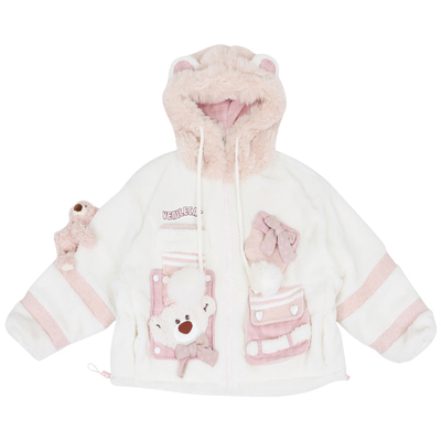 少女粉白熊耳朵连帽皮草外套