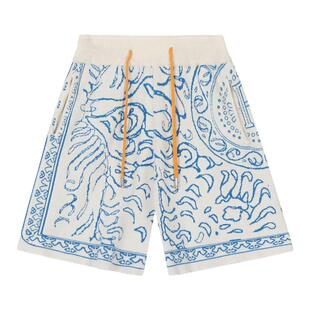 Rhude 夏季男士小众设计针织蓝色图案嵌花抽绳宽松高街休闲短裤