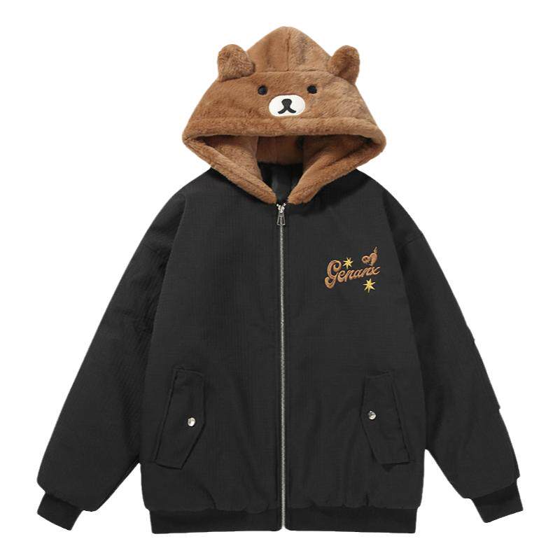 GENANX闪电潮牌冬季新款情侣毛绒连帽棉衣外套宽松保暖加厚棉服男