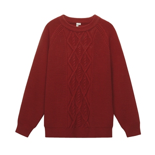 美特斯邦威毛衣男2026春季新款时尚针织潮流宽松红色舒适圆领羊毛