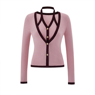 MELINDA LI【酒渍玫瑰】撞色挂脖假两件针织衫秋新款收腰显瘦上衣