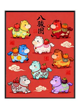 马年新款八骏图丙烯数字油画