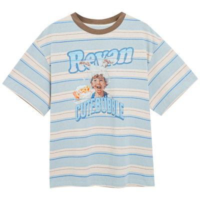 春夏女装美式短袖t恤大码胖mm条纹设计感圆领超好看独特漂亮上衣