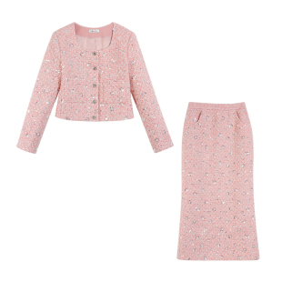 Maven Lin 轻奢混纺粗花呢千金感小香风短款外套女珠片方领上衣