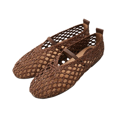 LESS夏季复古镂空平底凉鞋女编织浅口一字带玛丽珍单鞋3P4M10220