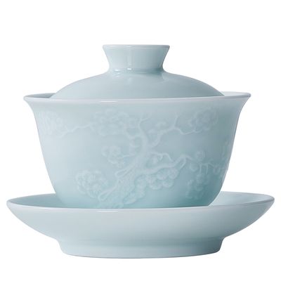 华光国瓷 景德镇影青浮雕盖碗茶具三才盖碗泡茶专用茶碗送礼 五君