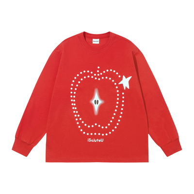 iSaluteU 珍珠烫钻苹果长袖T恤衫春秋季潮流弹力亲肤针织上衣