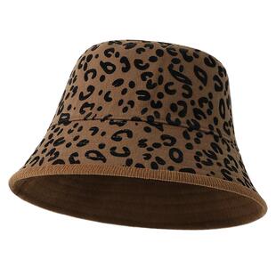 日系复古双面戴豹纹灯芯绒渔夫帽子女秋冬时尚百搭显脸小水桶盆帽