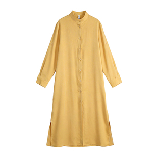 黄色衬衫连衣裙女2026年春季新款法式V领长袖高级感收腰a字裙子