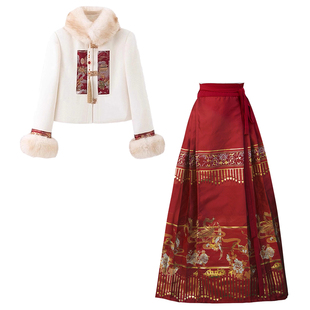马年新年拜年服明制汉服保暖加厚白鸭绒外套织金刺绣马面裙套装女