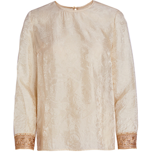 QS秸熙2026春秋新中式轻国风提花套头衬衫绣花拼接浮光锦小衫上衣