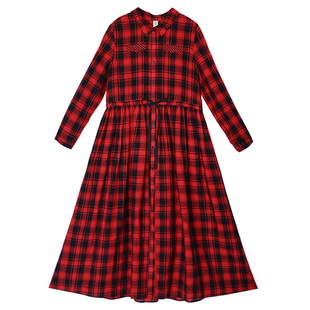 【现货】秋装裙摆式风衣外套女新款宽松长款亚麻红色格子大衣早秋