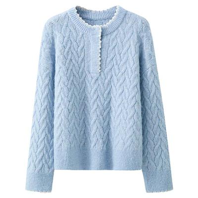 夕蒙2025新款冬季韩系复古麻花小个子慵懒松弛感蓝色亨利领毛衣女