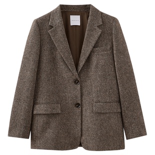 水云间复古咖色羊毛小西装外套女正肩杂色西服糖炒栗子色穿搭2025
