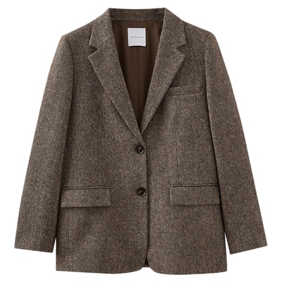 水云间复古咖色羊毛小西装外套女正肩杂色西服糖炒栗子色穿搭2025