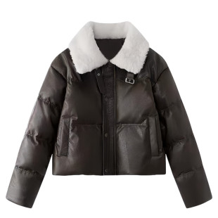 韩国高级感短款翻领羊羔毛外套女冬2025新款小个子PU质感防风棉袄