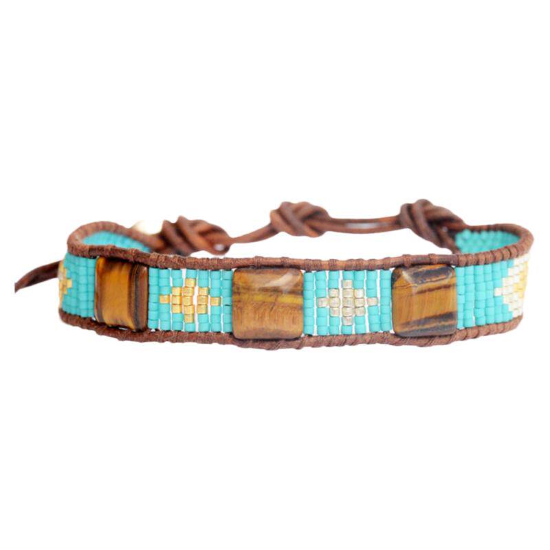 路塔斯曼 天然虎睛石与松石蓝色米珠拼花单圈棕本色皮绳手链老虎