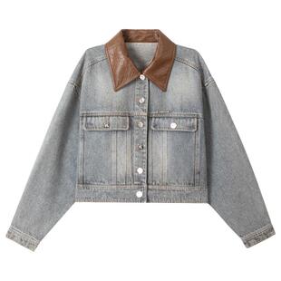 KEIKO 美式复古廓形短款牛仔外套女26春季巴恩风撞色翻领做旧夹克