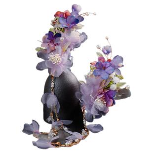 古风汉服紫色甜美绢花发簪步摇流苏发夹对夹百搭紫丸子头发夹配饰