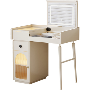 法式奶油风翻盖梳妆台收纳柜一体带锁实木二合一书桌化妆桌隐藏镜