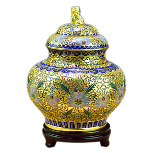 老北京景泰蓝金地狮顶罐传统纯手工铜胎掐丝珐琅摆件茶叶罐收藏品