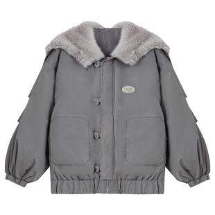 KEIKO 高级感灰色短款工装棉服冬季时髦毛绒系披肩连帽加厚派克服