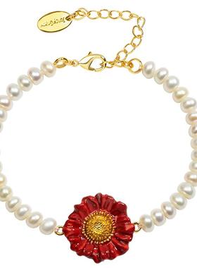 小众红色花朵珍珠复古手链