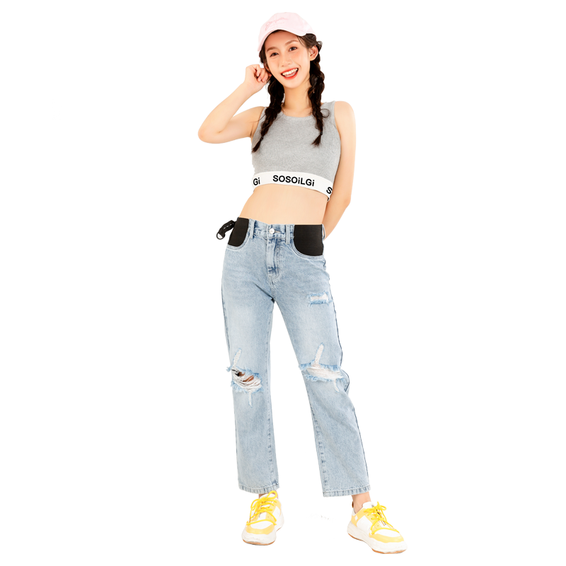 sosoilgi孕早期孕妇破洞牛仔裤春秋宽松直筒弹力裤时尚休闲长裤女