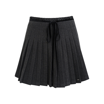 丝绒拼接双腰头蝴蝶结百褶半裙