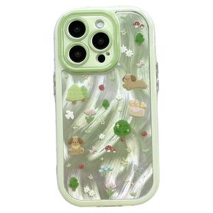 夏日羽纱碎花小狗适用iphone16pro苹果15手机壳12可爱14pro小众13promax带镜面支架16超好看防摔保护套女创意