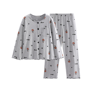 芬腾睡衣女春秋季纯棉长袖套装抗静电卡通可爱布朗熊家居服套装秋