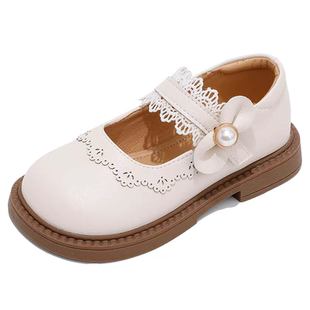 女童鞋子儿童真软皮公主小皮鞋2026春秋季新款女宝宝简约米色单鞋