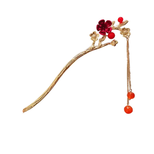 红色花朵流苏发簪女秋冬新中式新年头饰高级感簪子古风汉服盘发钗