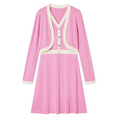 Goodland美地春季法式优雅含羊毛撞色针织假两件连衣裙