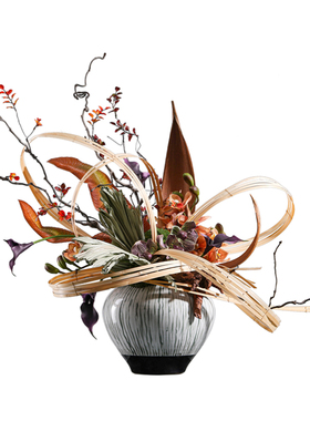 鲲屿新中式酒店大堂仿真花艺摆件