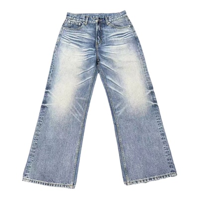 雪花浅蓝水洗做旧直筒原牛牛仔裤