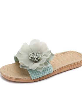 夏季亚麻拖鞋女防滑四季棉麻花朵