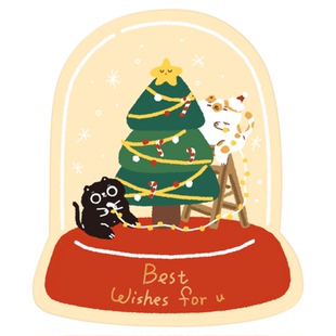 野蛮集原创可爱手绘猫咪水晶球送礼物圣诞贺卡卡片