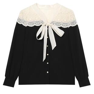 白鹿语法式拼接镂空衬衫2026春季新款优雅设计感系带蝴蝶结衬衣女