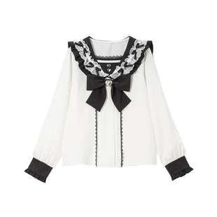 梦展望DearMyLove 心形蝴蝶结荷叶边水手长袖蕾丝拼接衬衫 533856