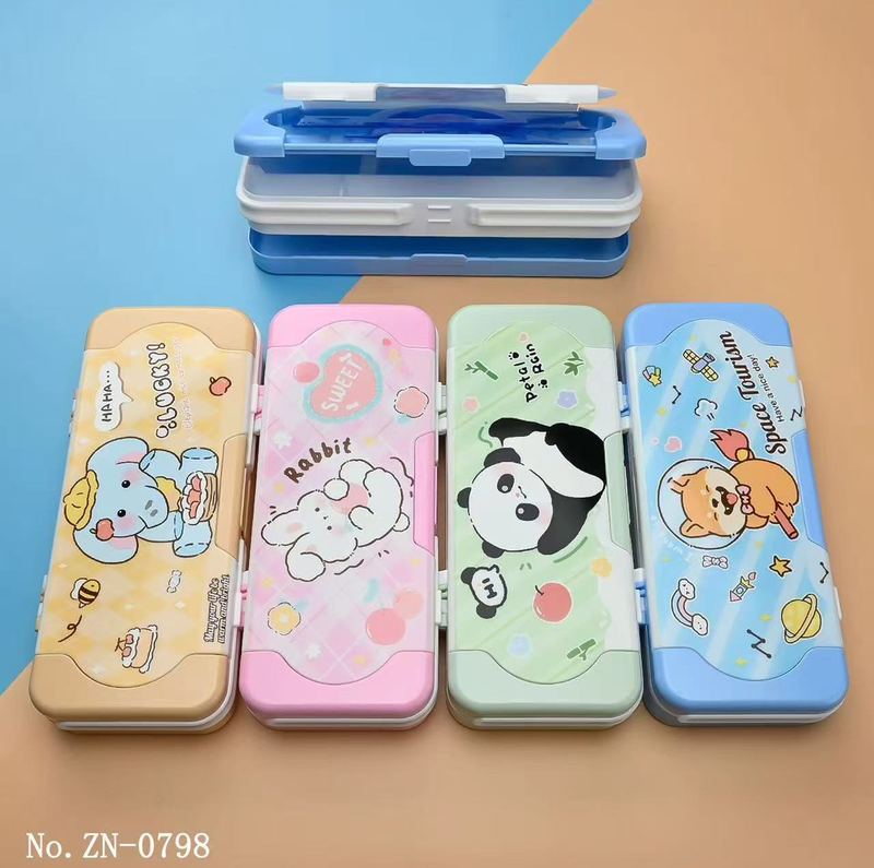 新品 男女卡通文具盒三层铅笔盒 学生儿童笔盒塑料收纳盒 附送套