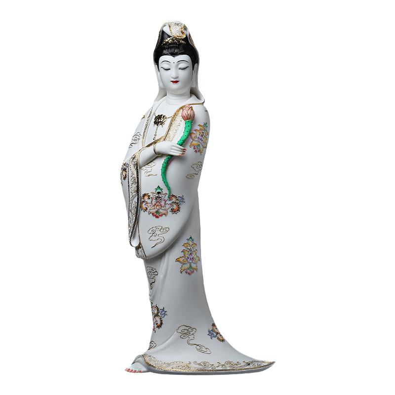 戴玉堂陶瓷摆件《持莲观音菩萨漆线雕》林建平德化白瓷瓷塑佛像