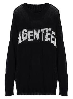 H·GENTEEL荷高新秋装女黑白格纹涂鸦字母提花宽松毛衫