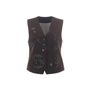 wana try灯芯绒星宿图刺绣咖色马甲2025冬季新款法式复古女款上衣