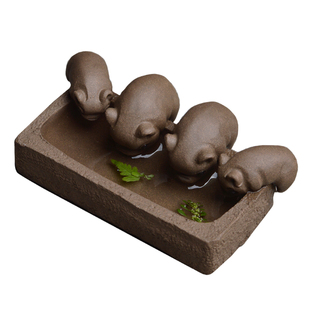 沐合堂小猪喝水槽雕创意手工宜兴段泥四只猪茶玩茶宠摆件丰衣足食