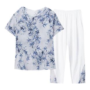 中老年夏天衣服凉快棉绸女大码竹节棉套装妈妈短袖棉麻睡衣两件套